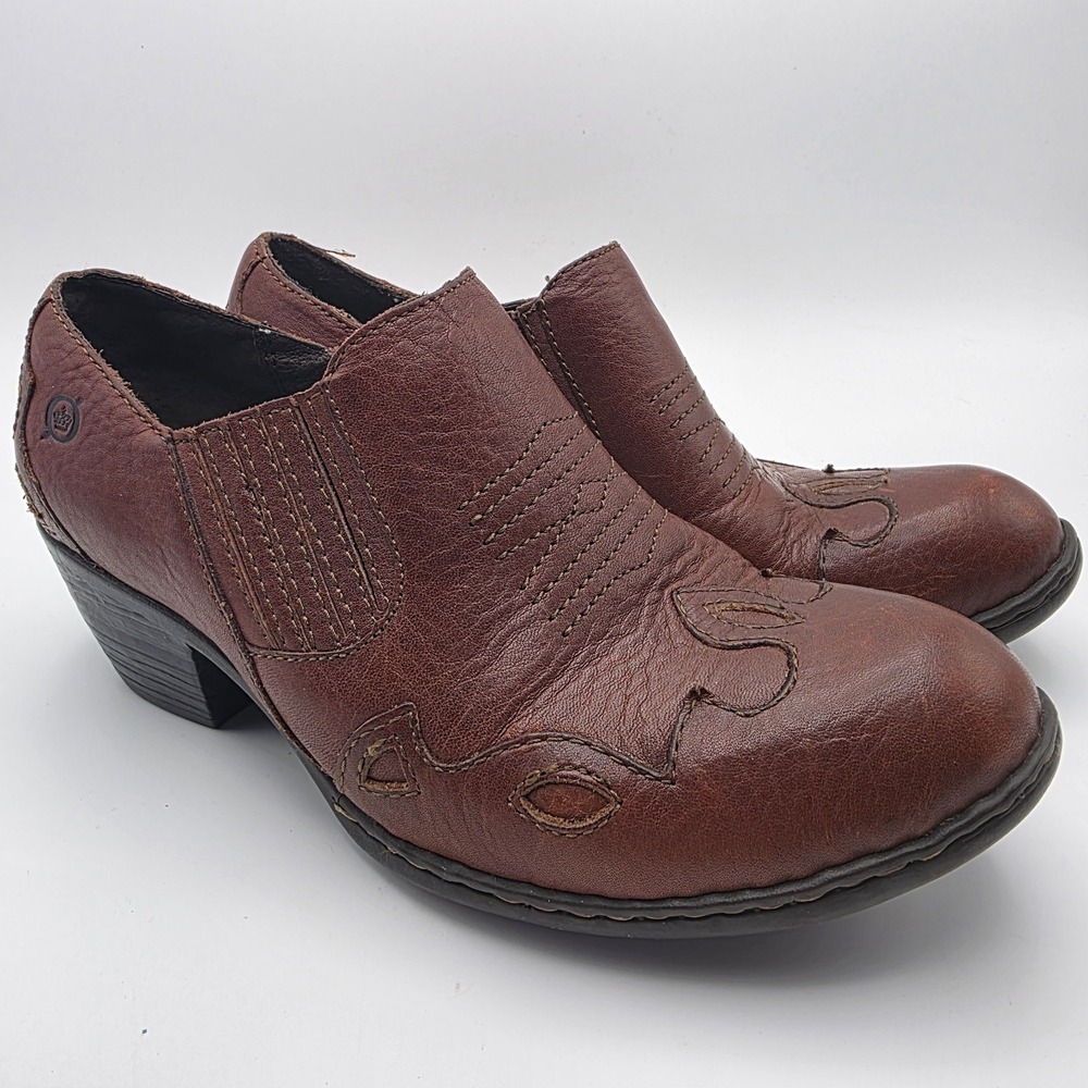 Born Ankle Boots Women's 7 Brown Leather Western Flame Stitch Heeled Embroidered